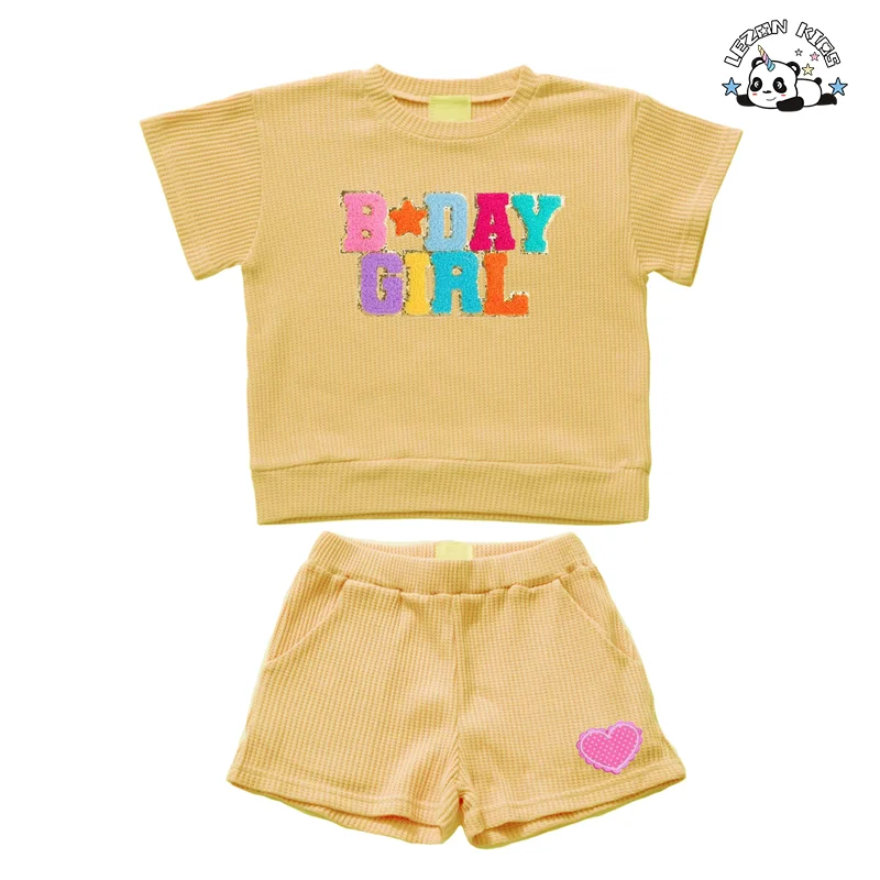 LEZONKIDS - Customizable High Quality  Waffle Cotton T Shirt Summer Shorts Girls Summer Clothing Set